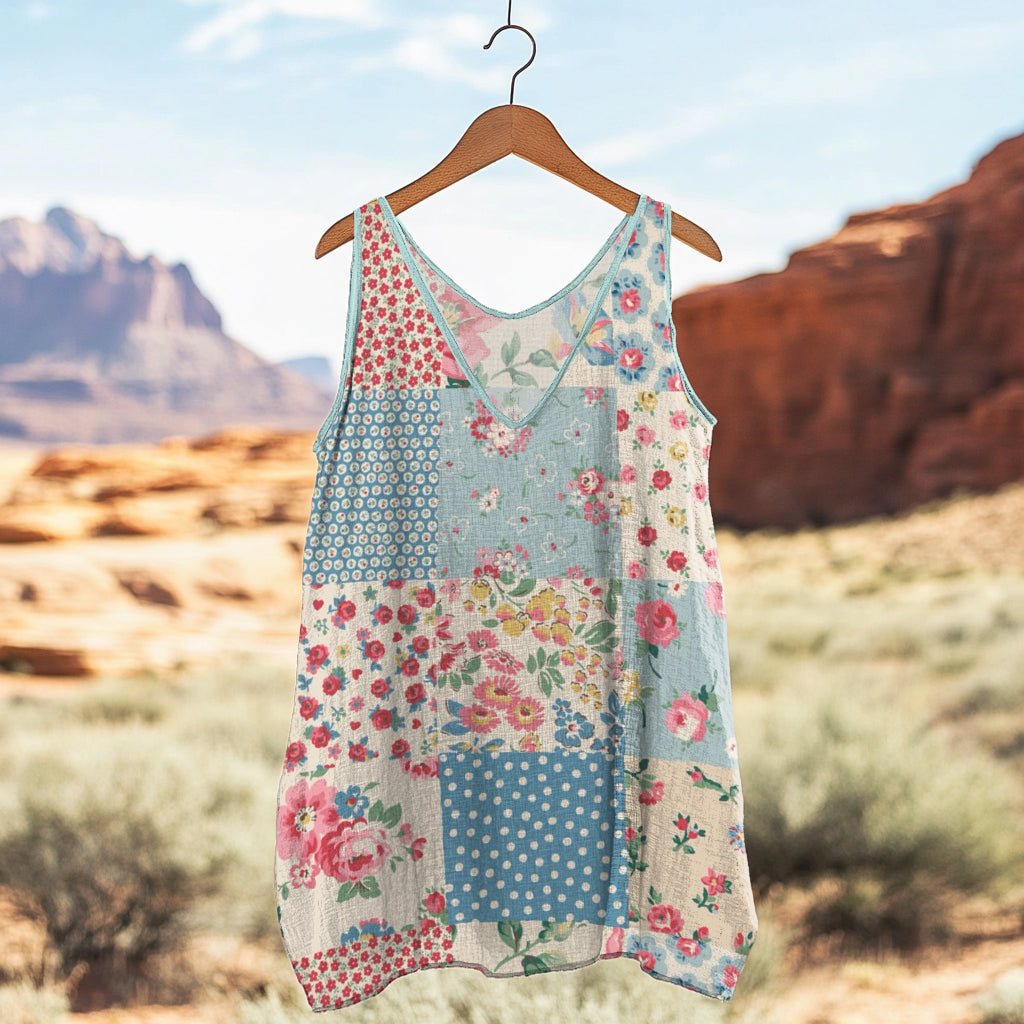 Women's Retro Loose Floral Patchwork Linen Suspender Sleeveless Tank Top elevenforest