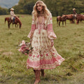Women's Vintage Pink Rose Comfy Linen V-neck Dress elevenforest