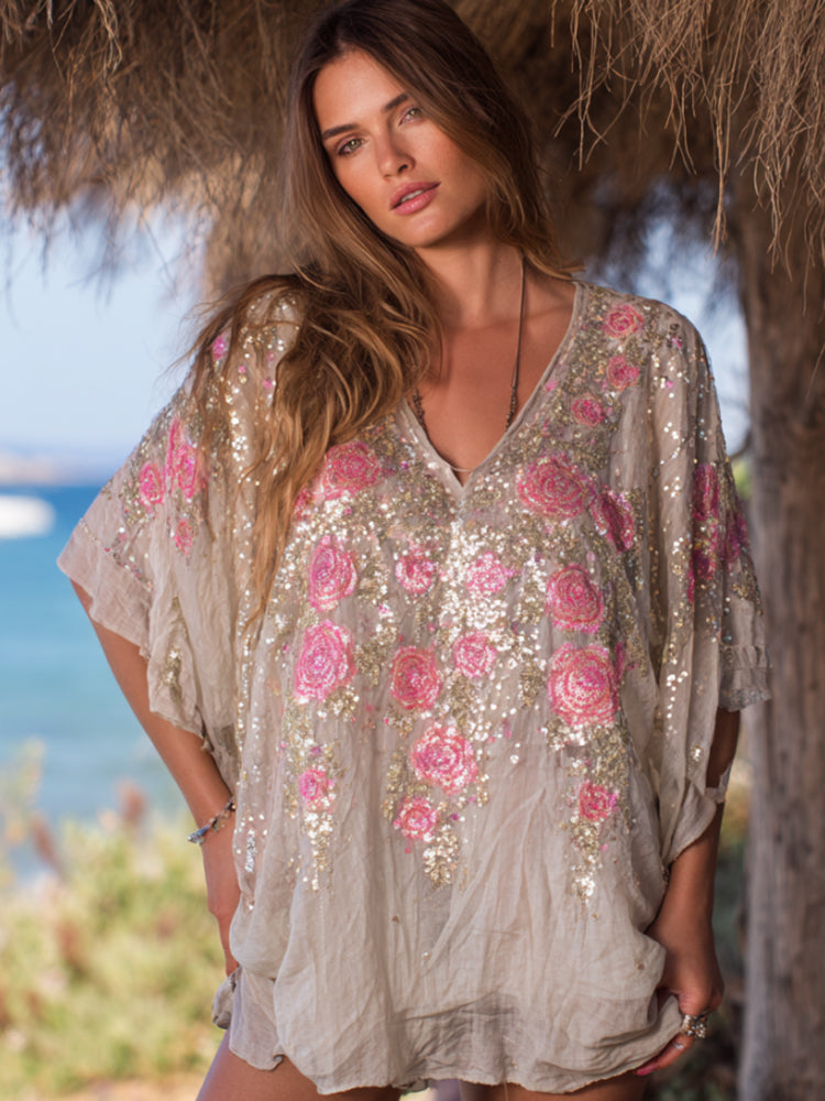 Ladies' Summer Three-dimensional Embroidered Large Sequin Retro Casual Loose V-neck Short Sleeved Top elevenforest