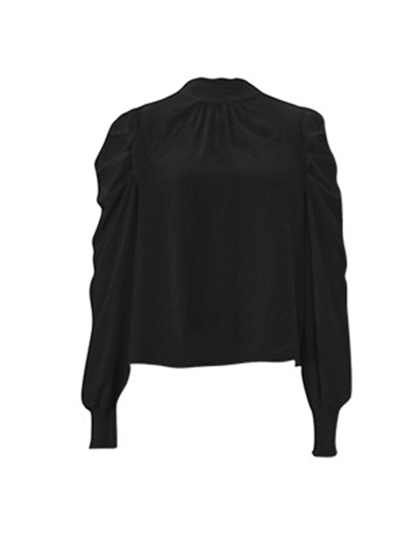 Long Sleeves Puff Sleeves Pleated Color Half Turtleneck Blouses&shirts Tops