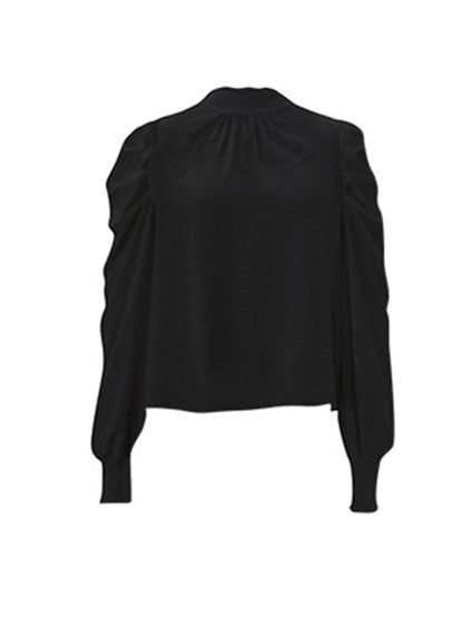 Long Sleeves Puff Sleeves Pleated Color Half Turtleneck Blouses&shirts Tops