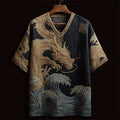 Japanese Golden Dragon & Sea Waves Embroidered Linen Shirt elevenforest