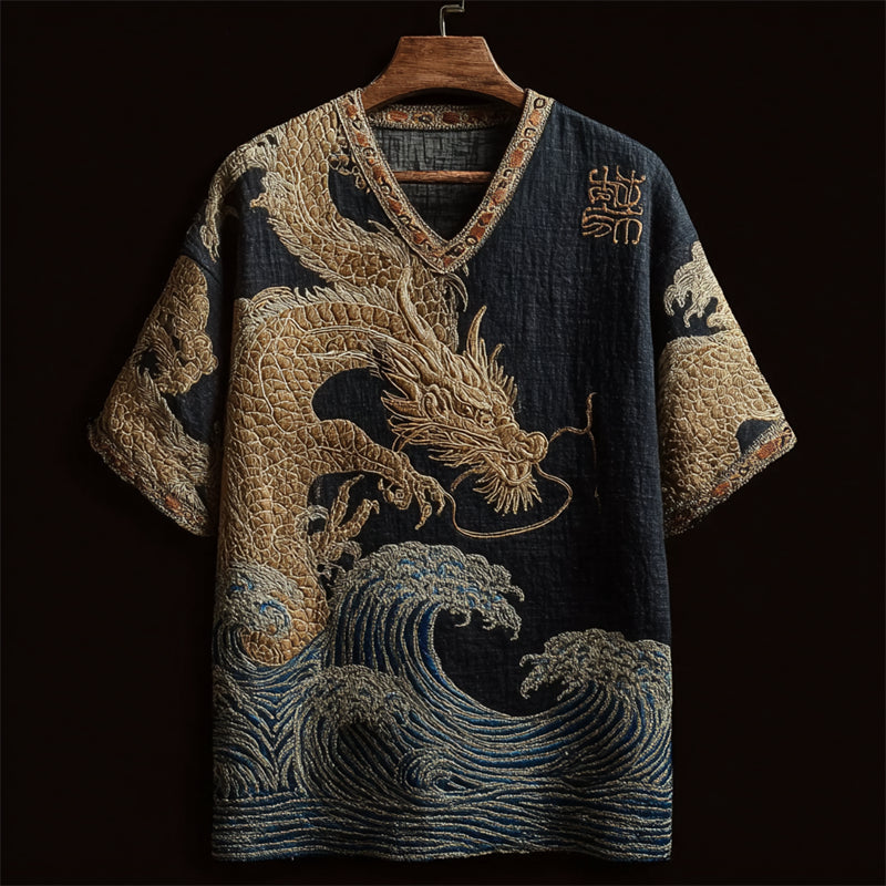 Japanese Golden Dragon & Sea Waves Embroidered Linen Shirt elevenforest