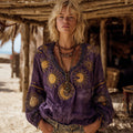 Mysterious Moon And Sun Tie-dye V-neck Embroidered Top elevenforest