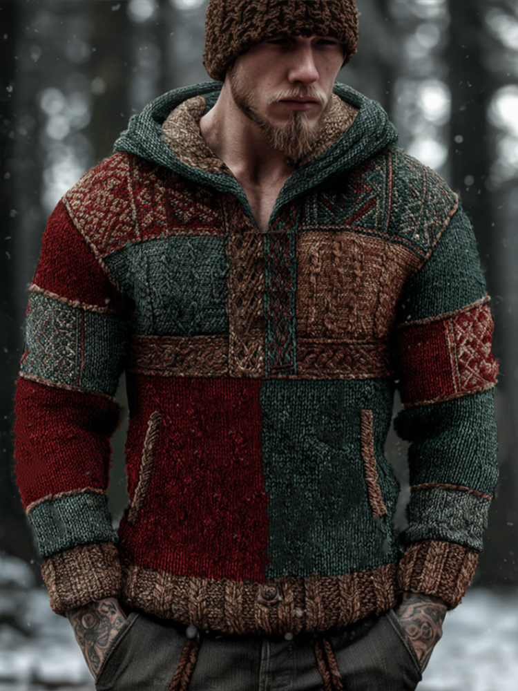 Men's Retro Geometric Design Winter Warm Hooded Knitted Sweater elevenforest