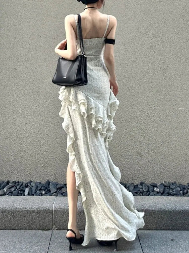 Y2k Spaghetti Strap Irregular Dress Layered Ruffles Slim Party Dress Spring New Prom Robe Wedding Vestidos Mujer