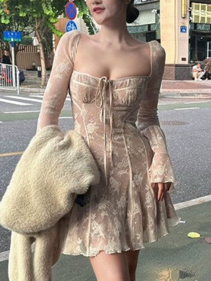 French Lace Mini Dress Y2k Off Shoulder Lace Up Ruffles A-line Autumn Spring Long Sleeve Party Dress Prom Vestidos