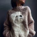 Comstylish Cute White Dog Embroidered Crew Neck Cozy Sweater