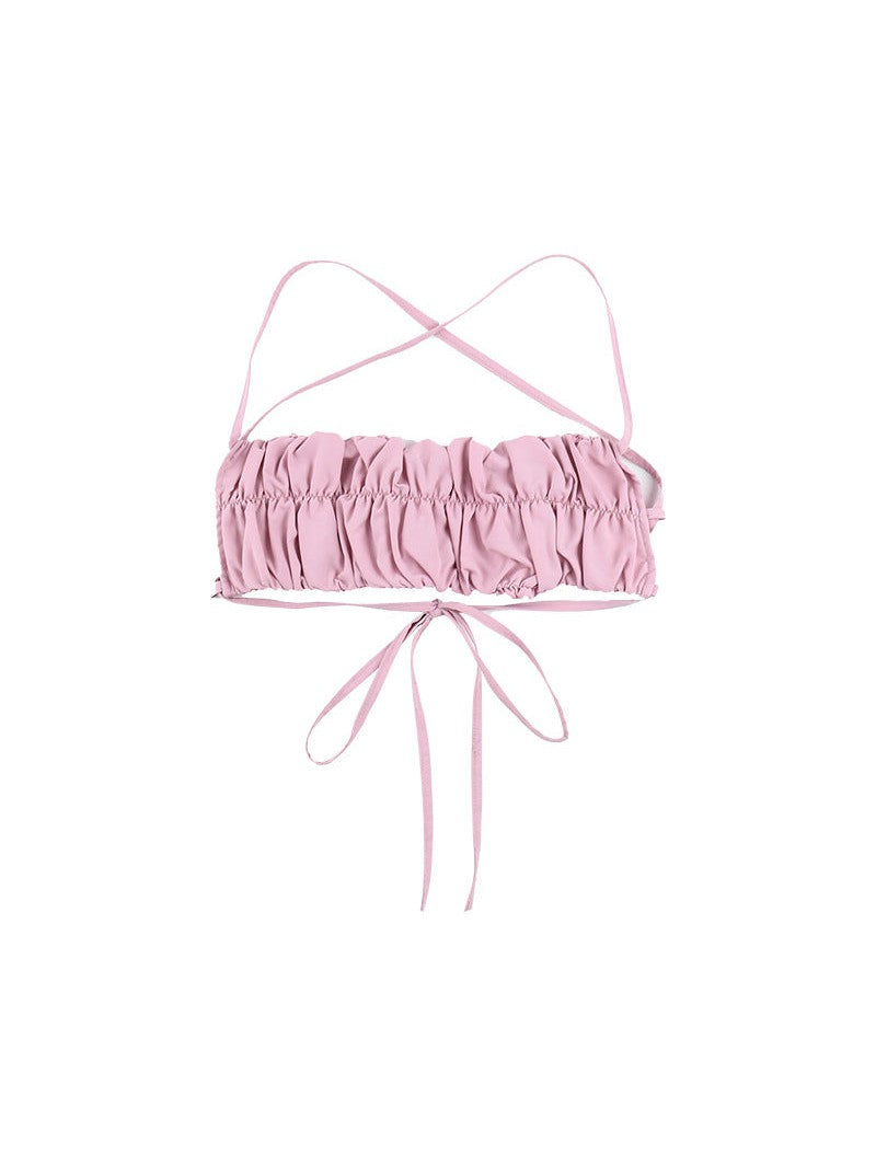 Pink Ruffle Vest Pleated Camisole Crop Top