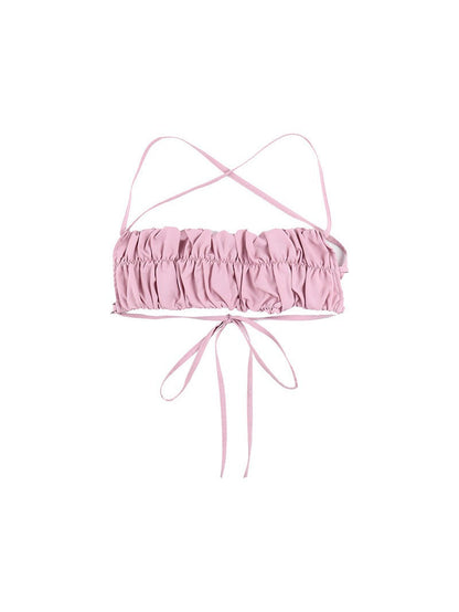 Pink Ruffle Vest Pleated Camisole Crop Top
