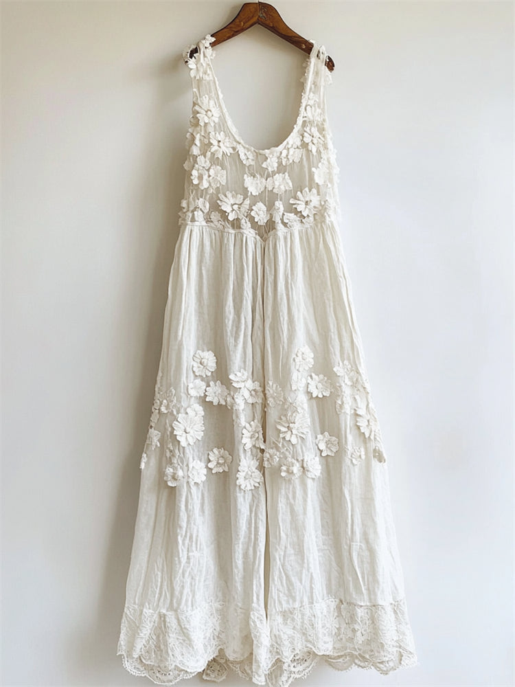 Vintage Floral Hollow Lace Patchwork Linen Tank Dress elevenforest