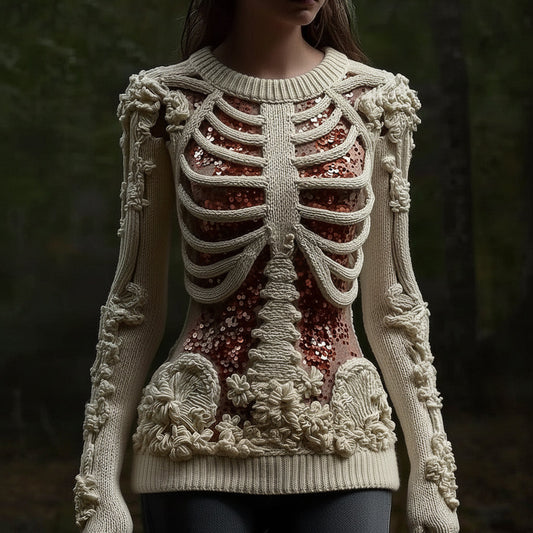 Women's Halloween Skull Sequin Art Knitted Warm Crew Neck Sweater artswardrobe