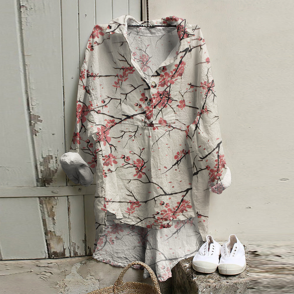 Vintage Plum Print Long Sleeve Casual Shirt elevenforest