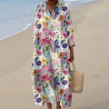 Comstylish Women's Floral Art Print Linen Blend Loose Midi Dress