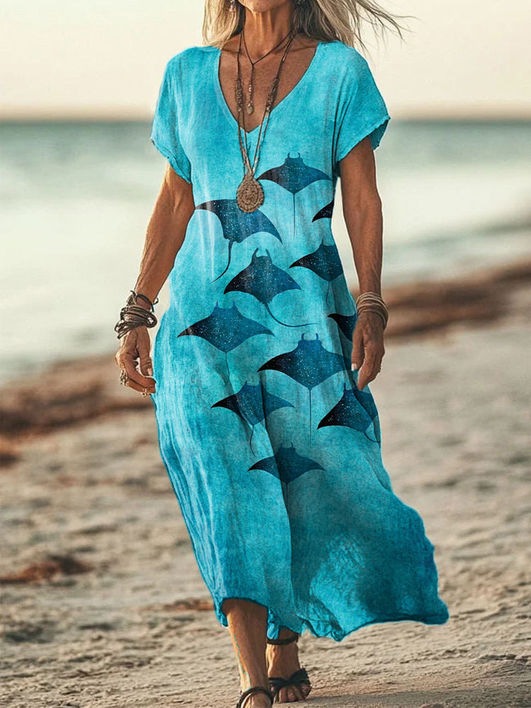 Women's Manta Rays Art Print Linen Blend Dress elevenforest