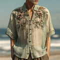 Vintage Boho Lace Floral Art Men's Linen Short Sleeve Shirt elevenforest