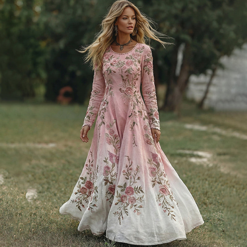 Women's Boho Floral Embroidered Floral V Neck Resort Maxi Dress elevenforest