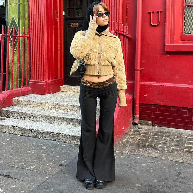 Cutenova Fashionable Leopard Print Patchwork Low Waist Flared Pants for to Slim Down Spring Color Pant