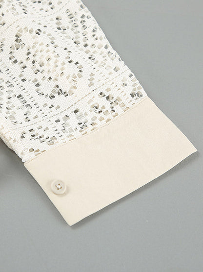 Long Sleeves Loose Buttoned Hollow See-through Color Sun Protection Lapel Collar Blouses&shirts Tops