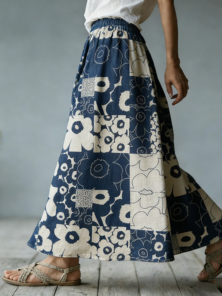 Comstylish Japanese Art Retro Patchwork Design Printed Women's Half-length Dress