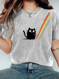 Comstylish Rainbow-playing Kitten Fun Round-neck Short-sleeved T-shirt