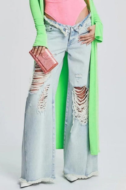 Ripped Patchwork Mid Waist Regular Denim Jeans (subject to the Actual Object)