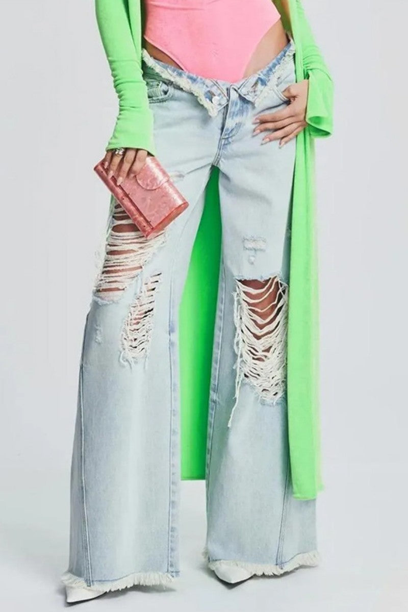 Ripped Patchwork Mid Waist Regular Denim Jeans (subject to the Actual Object)