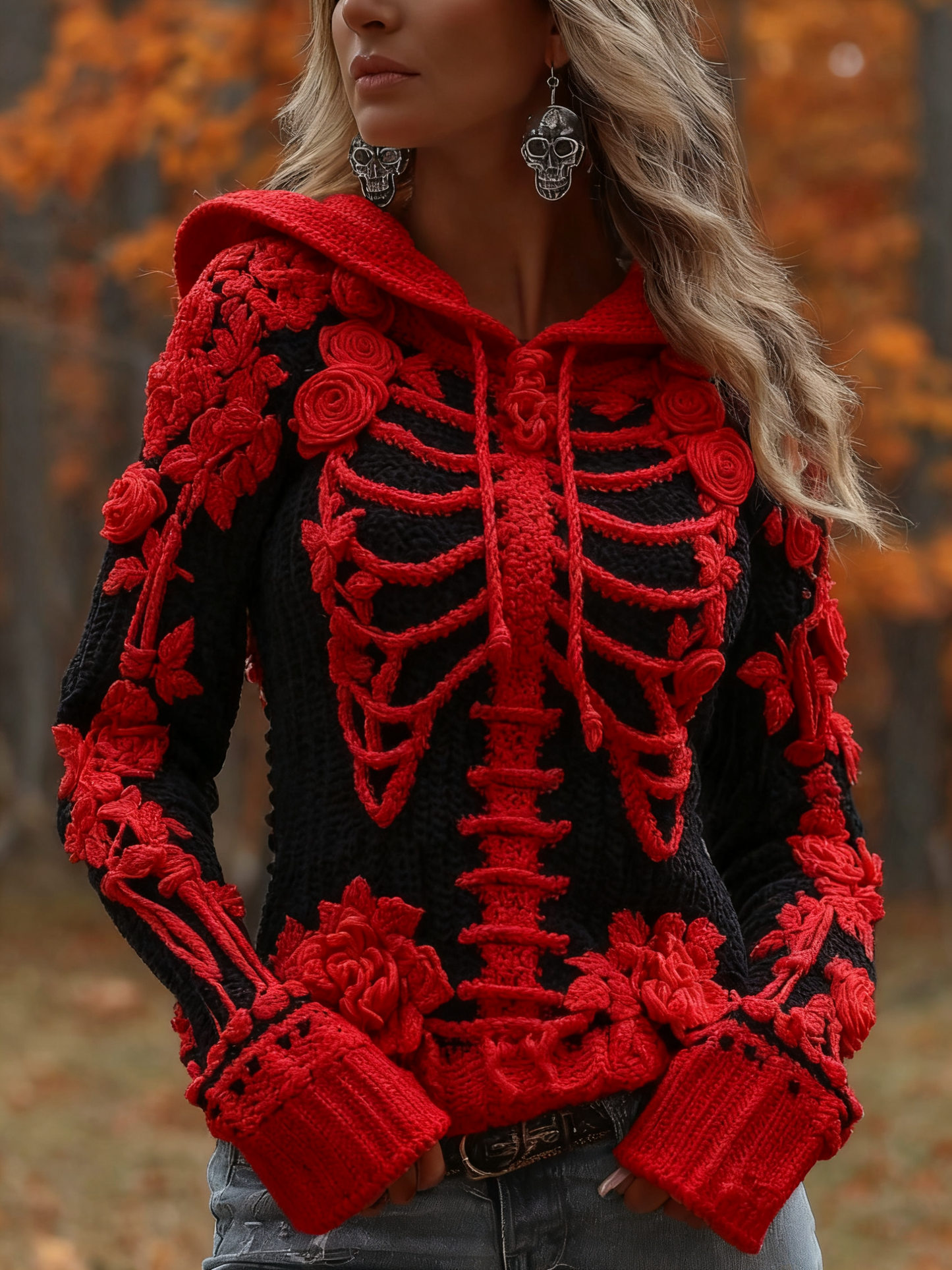 Women's Halloween Skeleton Bones With Roses Art Knitted Warm Hooded Sweater artswardrobe