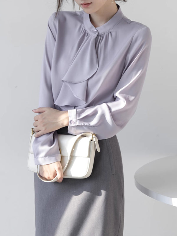 Long Sleeves Loose Buttoned Pleated Ribbon Color Mock Neck Blouses&shirts Tops