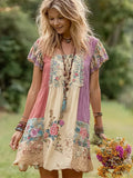 Boho Floral Patchwork Art Women's Linen Short Sleeve Mini Dress elevenforest