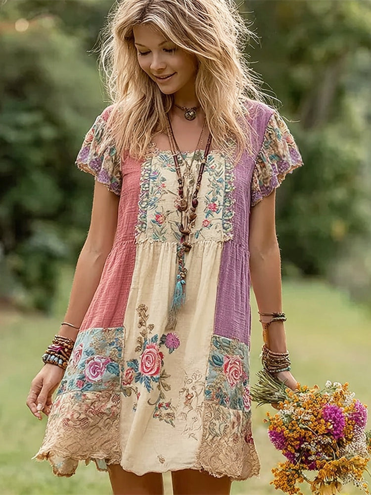 Boho Floral Patchwork Art Women's Linen Short Sleeve Mini Dress elevenforest