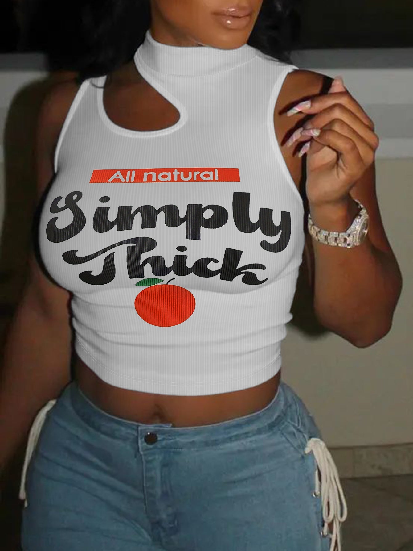 Fruit Letter Print Rib Knot Camisole Summer Basic Skinny Vest Crop Top Irregular Cut Out Sleeveless