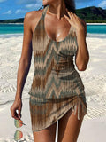 Vintage Floral Print Pleated Drawstring V-neck Tankini Pantskirt Set Swimsuit