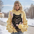Women's Vintage Black Cat And Lace Art Knitted Warm Cazy Hooded Sweater