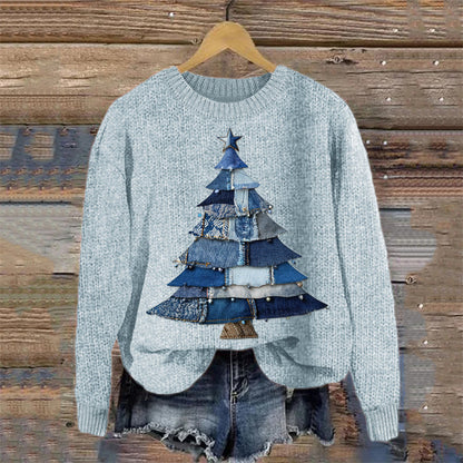 Christmas Denim Patchwork Art Cozy Knit Sweater artswardrobe