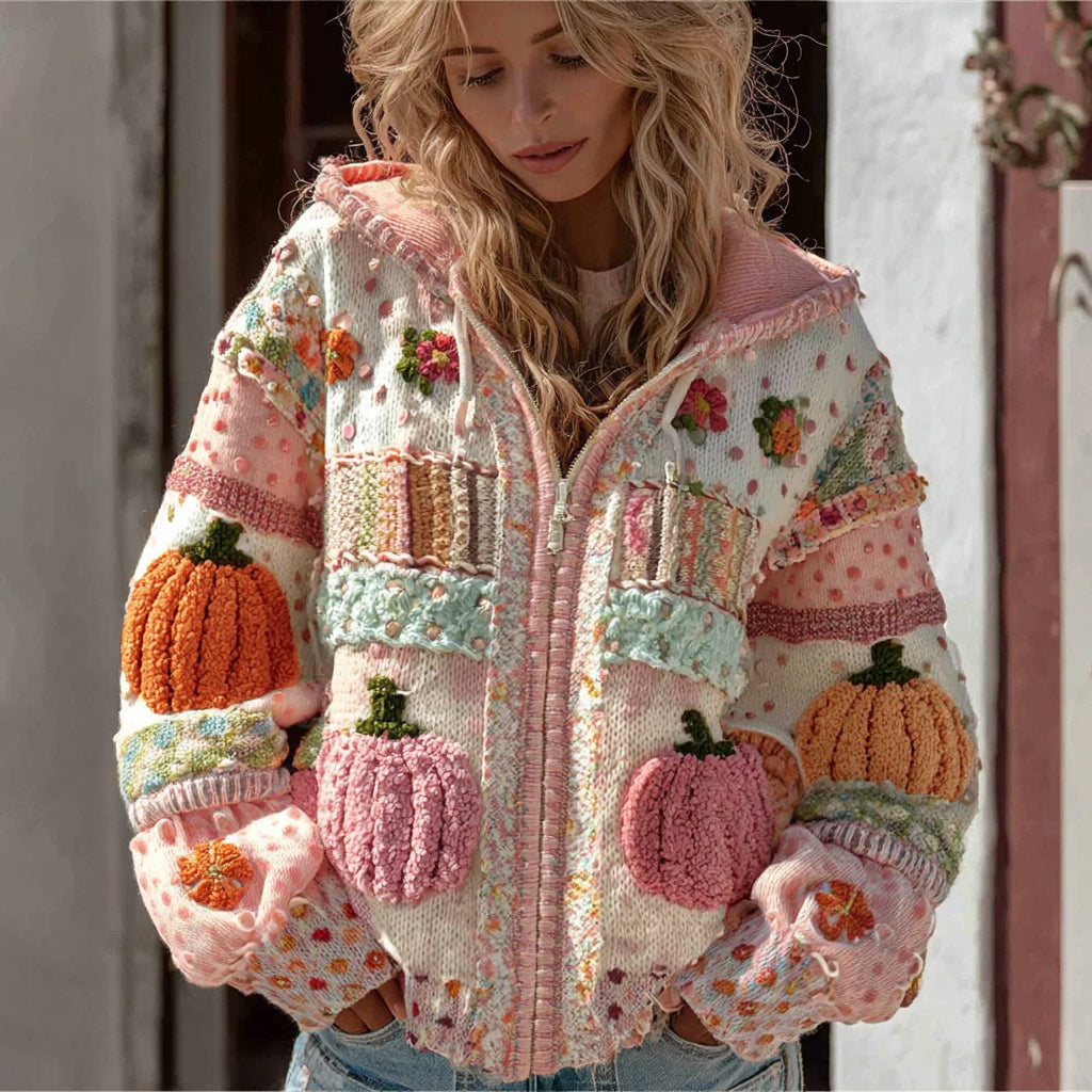 Comstylish Women's Thanksgiving Pumpkin Knit Colorblock Cozy Zip Hooded Sweater