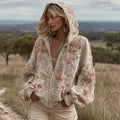 Women's Pink Floral Embroidery Art Casual Zip Pu Hoodie elevenforest