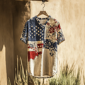 Men's American Flag Independence Day With Floral Patchwork Sun Linen T-shirt elevenforest