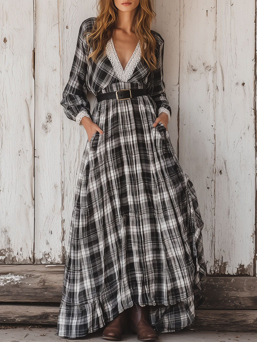 Western Retro Black And White Plaid Lace Long Sleeve Maxi Dress