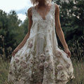 Vintage Pink & White Roses Fiber Art Glitter Lace Flowy Linen Dress elevenforest