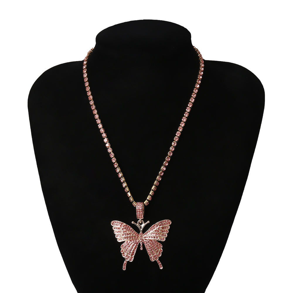 Butterfly Pendant Necklace Rhinestones With Crystal Chain
