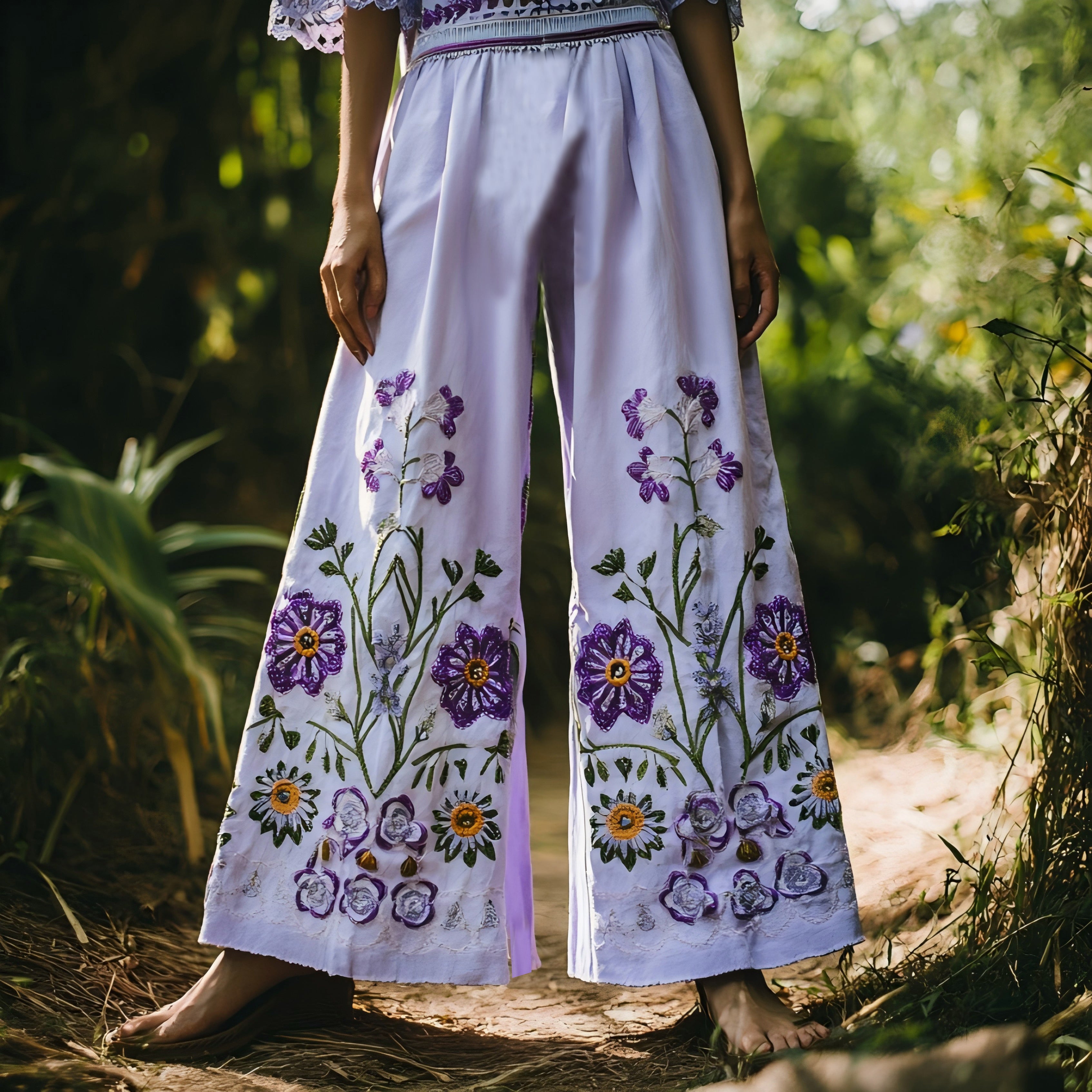 Vintage Purple Floral Embroidered Cotton And Linen Wide-leg Pants elevenforest