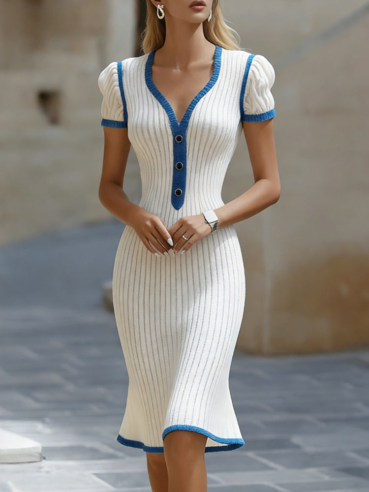 Comstylish Elegant V Neck Cozy Knit Midi Dress