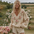 Vintage Rose Floral Embroidery Art Long Sleeve Sweater elevenforest