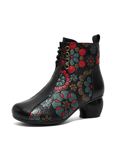 Retro Leather Flower Print Chunky Heel Boots
