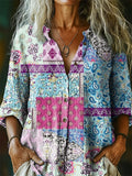 Women's Vintage Tattoo Pattern Art Print Casual Cotton Linen Shirt