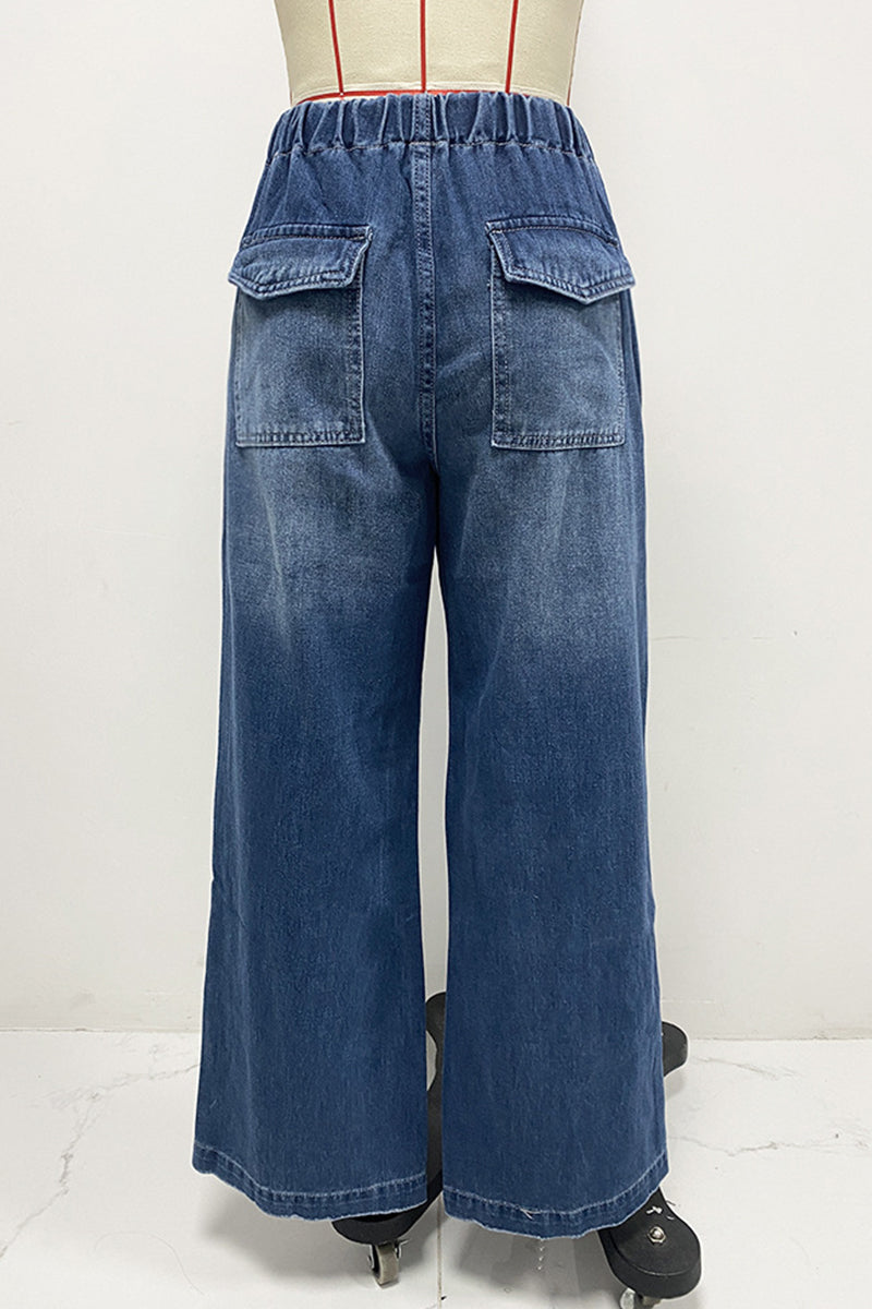 Distressed Draw String Ruched Mid Waist Loose Denim Jeans