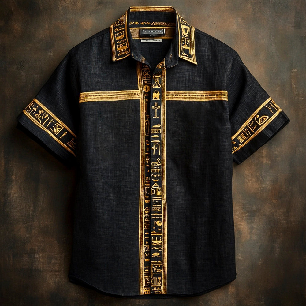 Egyptian Hieroglyphics Men's Linen Short Sleeve Shirt elevenforest