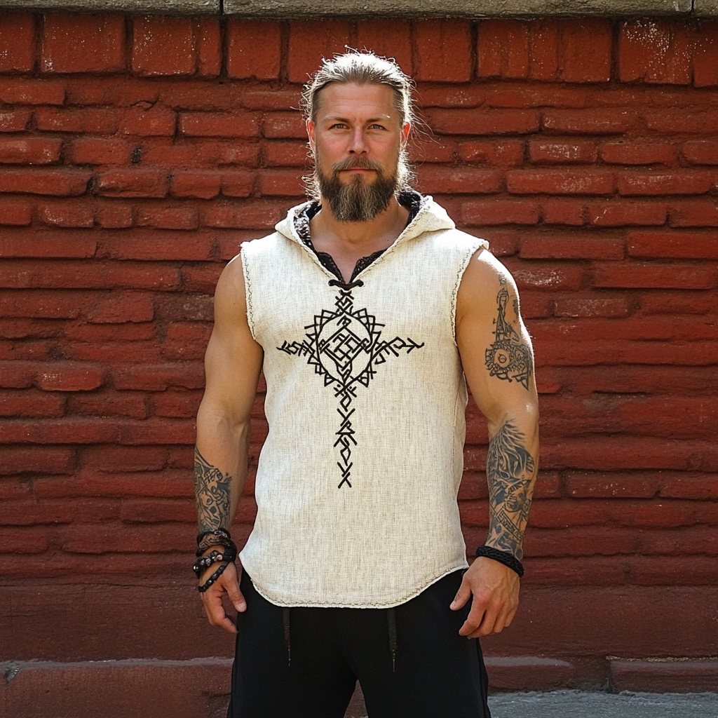 Vintage Men's Viking Rune Linen Hoodie elevenforest