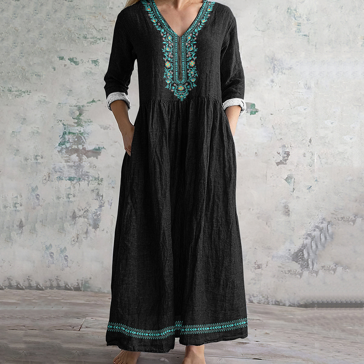 Women's Vintage Ethnic Art Pattern Linen Dress elevenforest